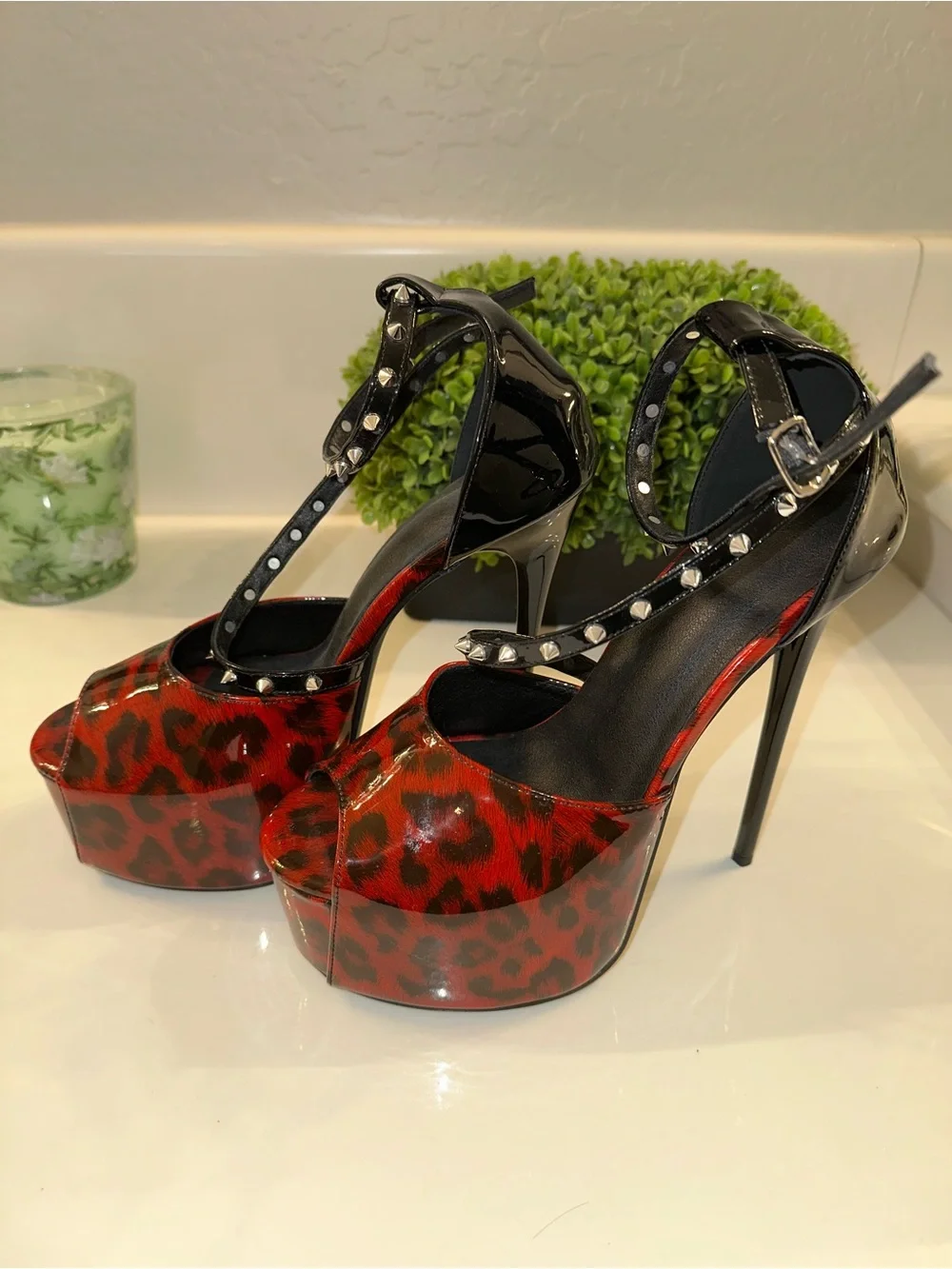 Red Leopard Patent Platform Ankle-Strap Pumps